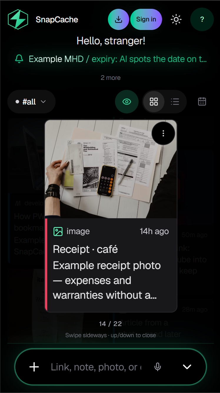 SnapCache mobile — receipt photo as a card with AI expiry hint