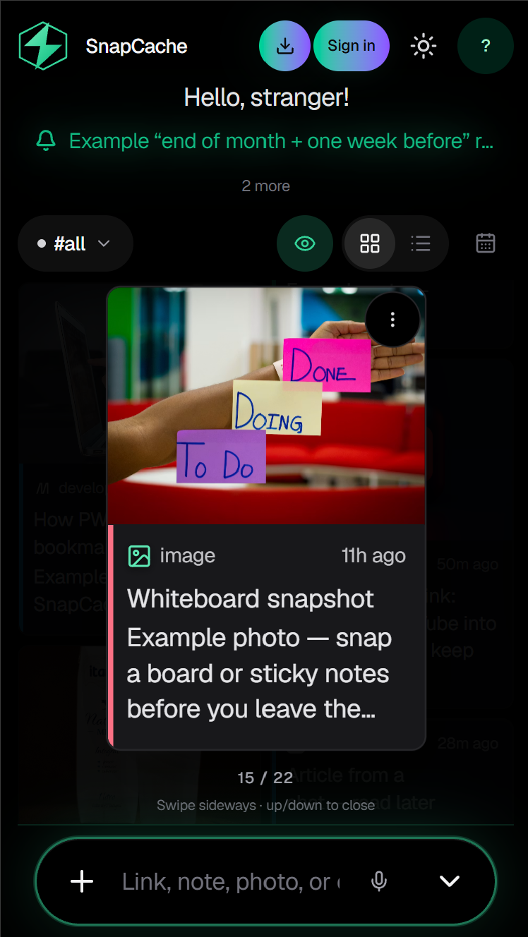 SnapCache on phone — enlarged card with whiteboard photo and reminder