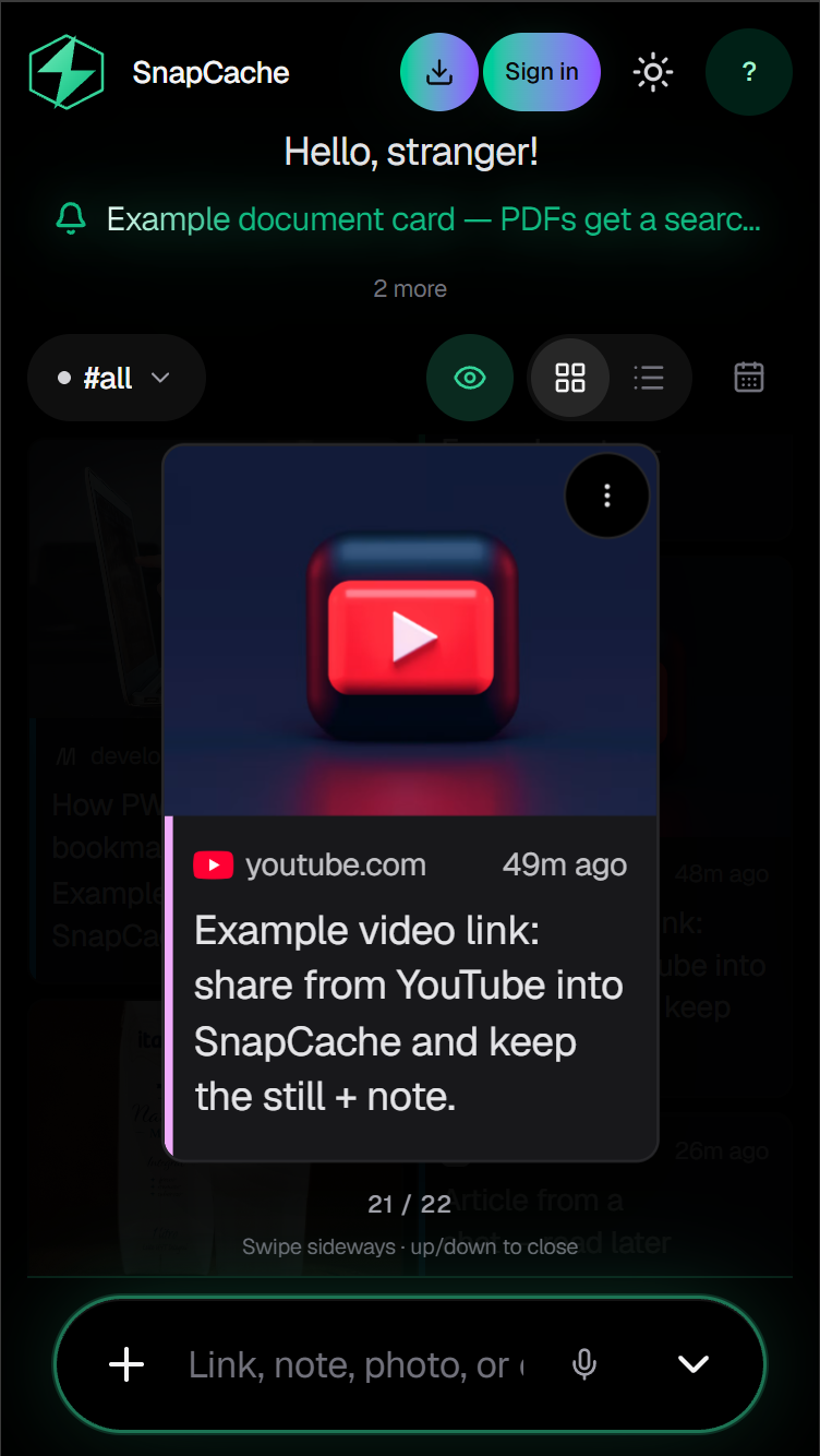 Save a YouTube link in SnapCache with preview image and note