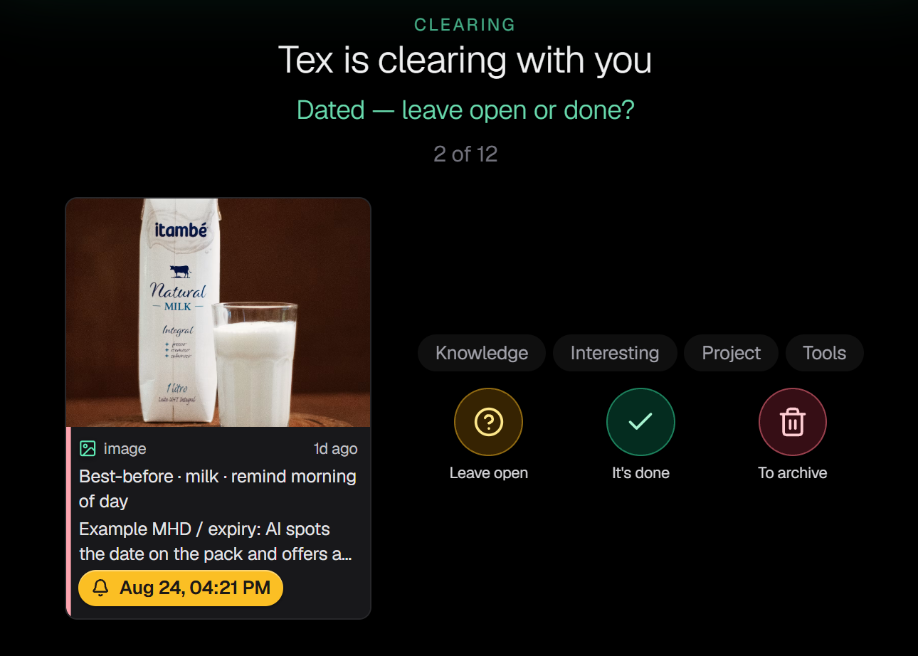 SnapCache Clearing — Tex triages cards with reminder, category, and archive