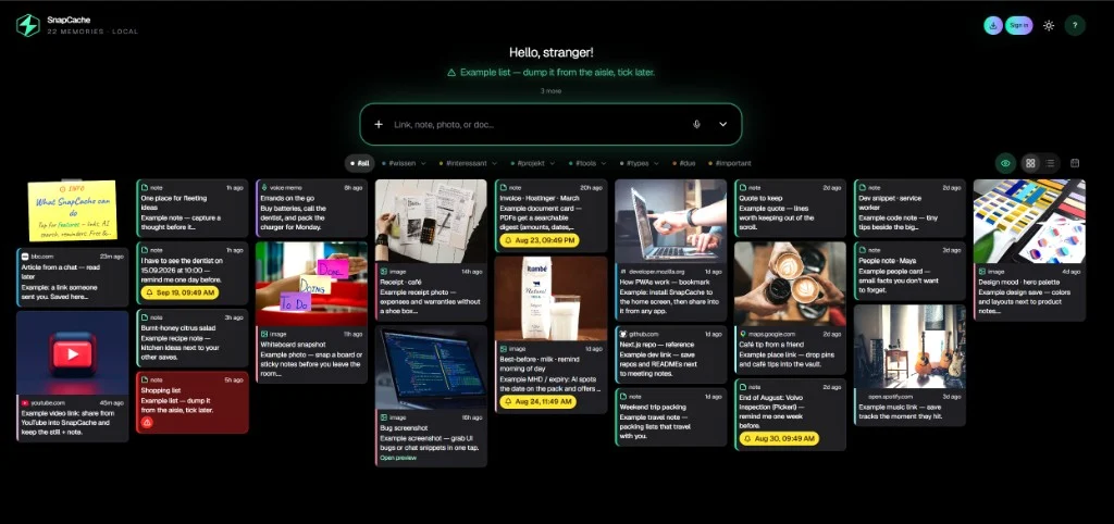 SnapCache desktop — links, notes, photos, and reminders in one overview